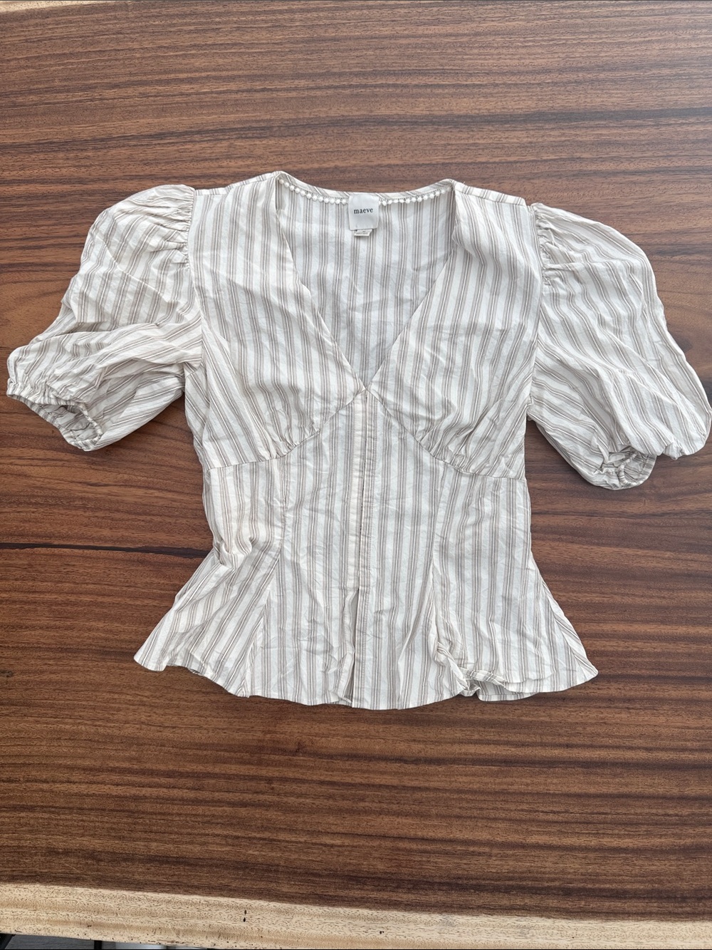 Maeve Cream & Taupe Striped Puff-Sleeve Peplum Blouse